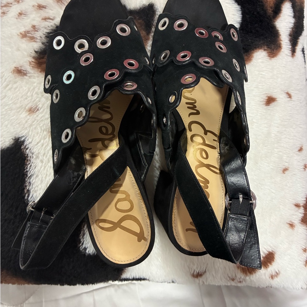 Sam Edelman Black Suede Slingback Chunky Heels with Multicolored Eyelets